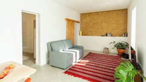 A modern living room with a grey sofa, a red patterned rug, and a wooden wall panel.