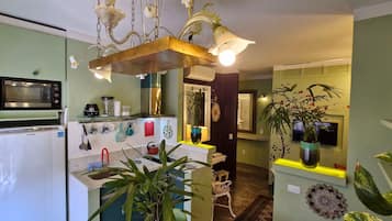 Cocina compacta con refrigerador, microondas y estufa. Se observan varios utensilios de cocina y un lavamanos. La habitación cuenta con una araña y varias plantas en macetas.