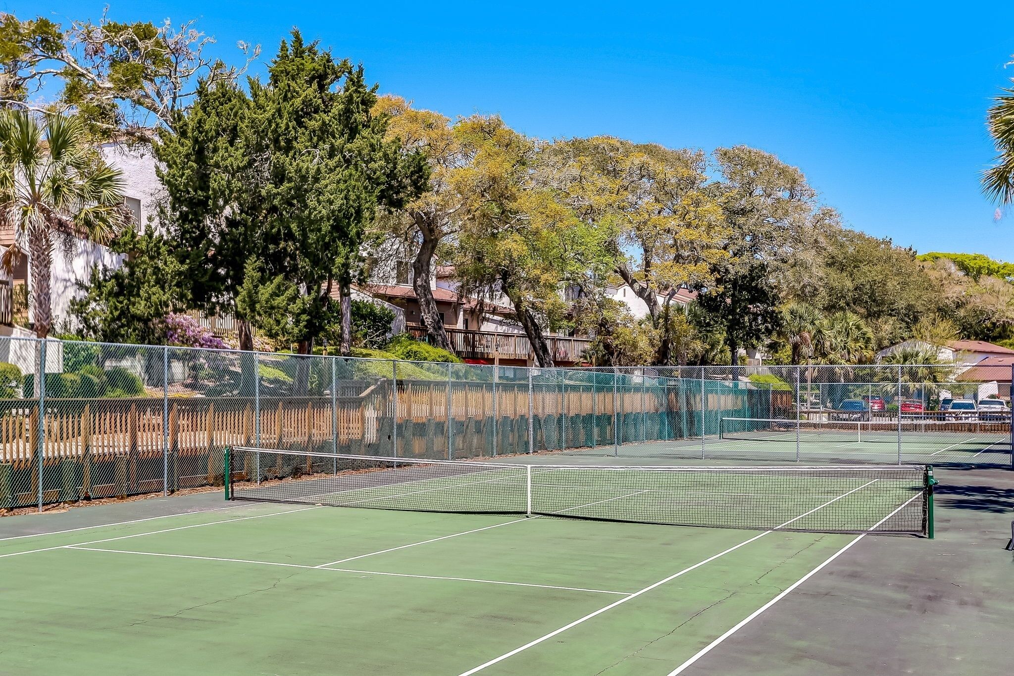 A tennis court with a green surface, surrounded by trees and a fence.