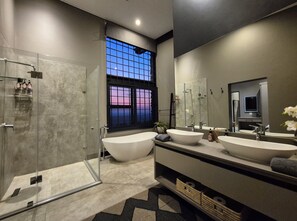 Superior House, Mountain View | Bathroom | Hair dryer, towels, soap, shampoo - Vula Valla Game and Safaris  (Bela Bela)