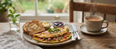 Un plato de desayuno con tostadas, huevos revueltos y una taza de té sobre una mesa de madera.