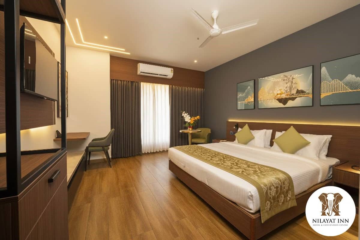 A hotel room with a large bed, a desk, a chair, a TV, and artwork on the wall.