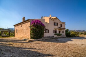 Une maison à deux étages avec une allée en gravier et un jardin où poussent des fleurs violettes.
