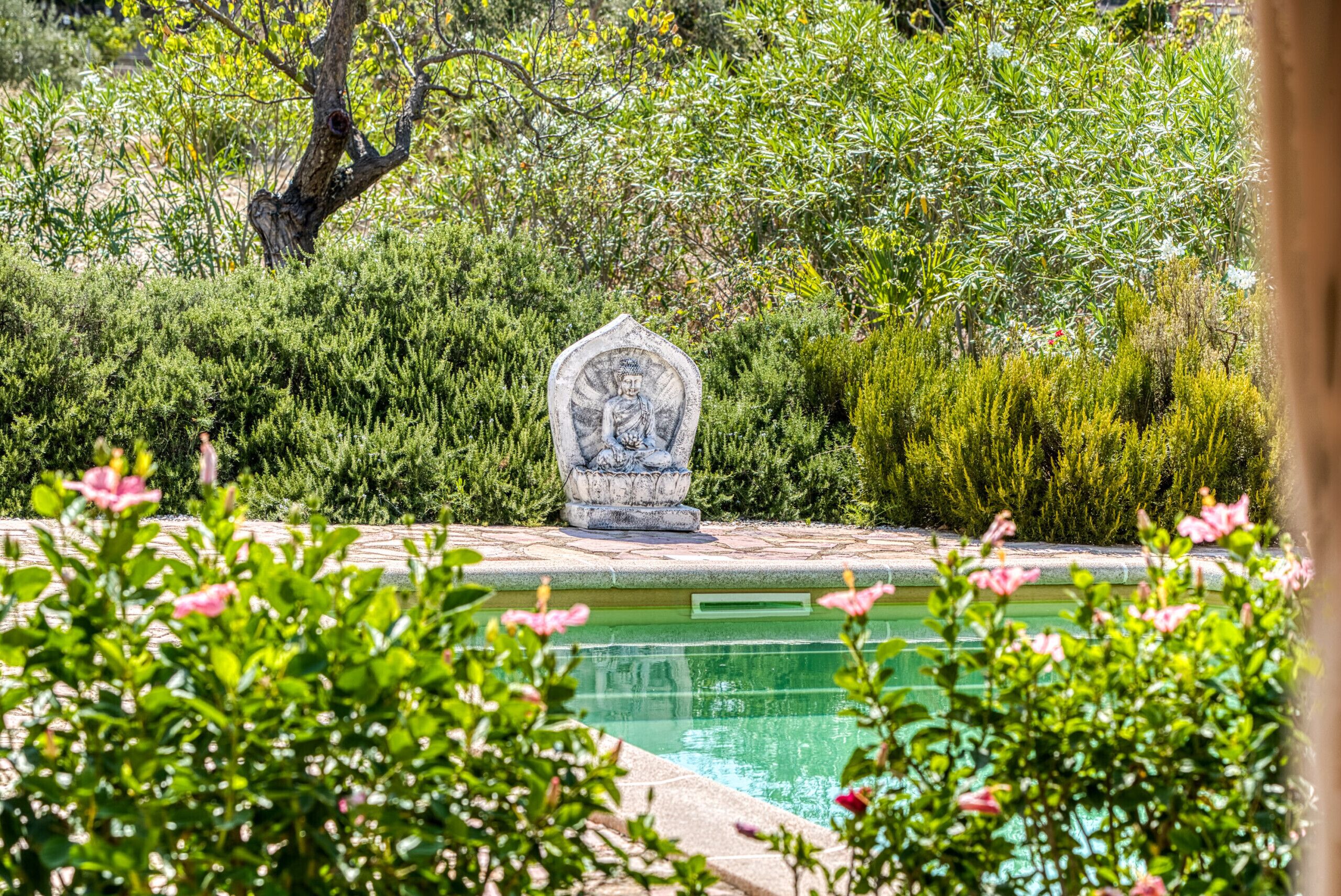 Un jardin paisible agrémenté d’une statue, d’une piscine et d’une végétation luxuriante.