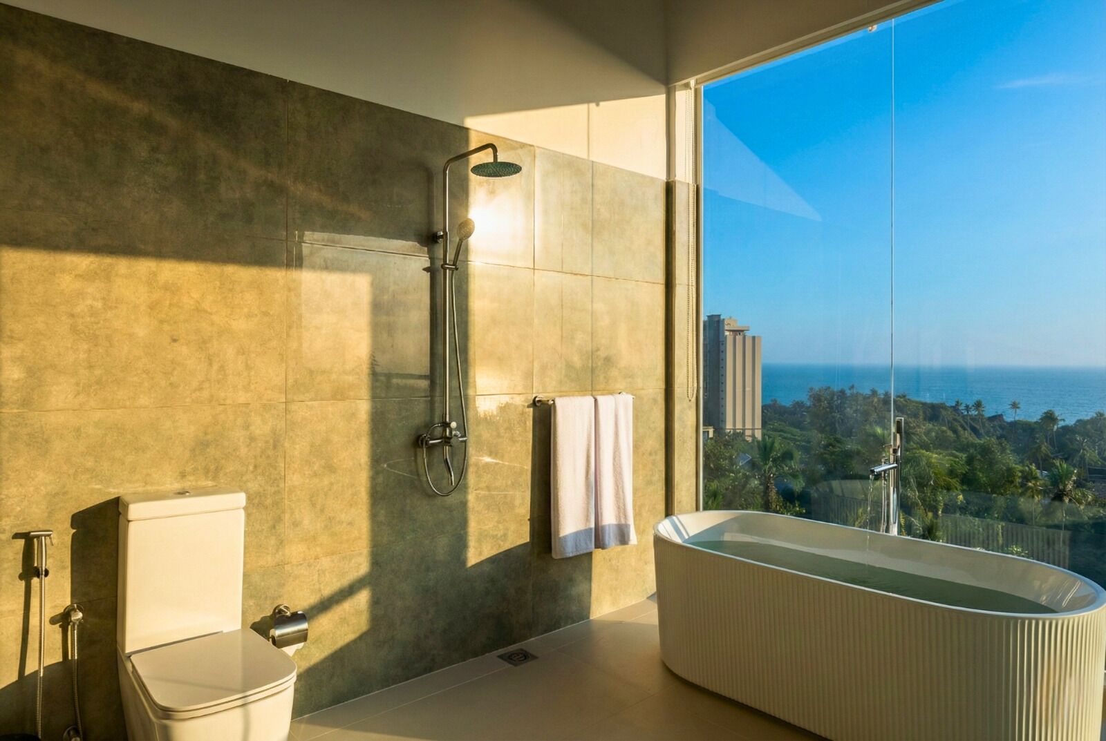 A modern bathroom with a large bathtub, a shower, and a toilet. There is a large window offering a view of the ocean and a cityscape.