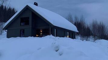 Een chalet met twee verdiepingen en een steil dak, omgeven door sneeuwbedekte grond en bomen.
