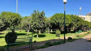 Un parc avec un chemin pavé, un banc vert et des arbres.