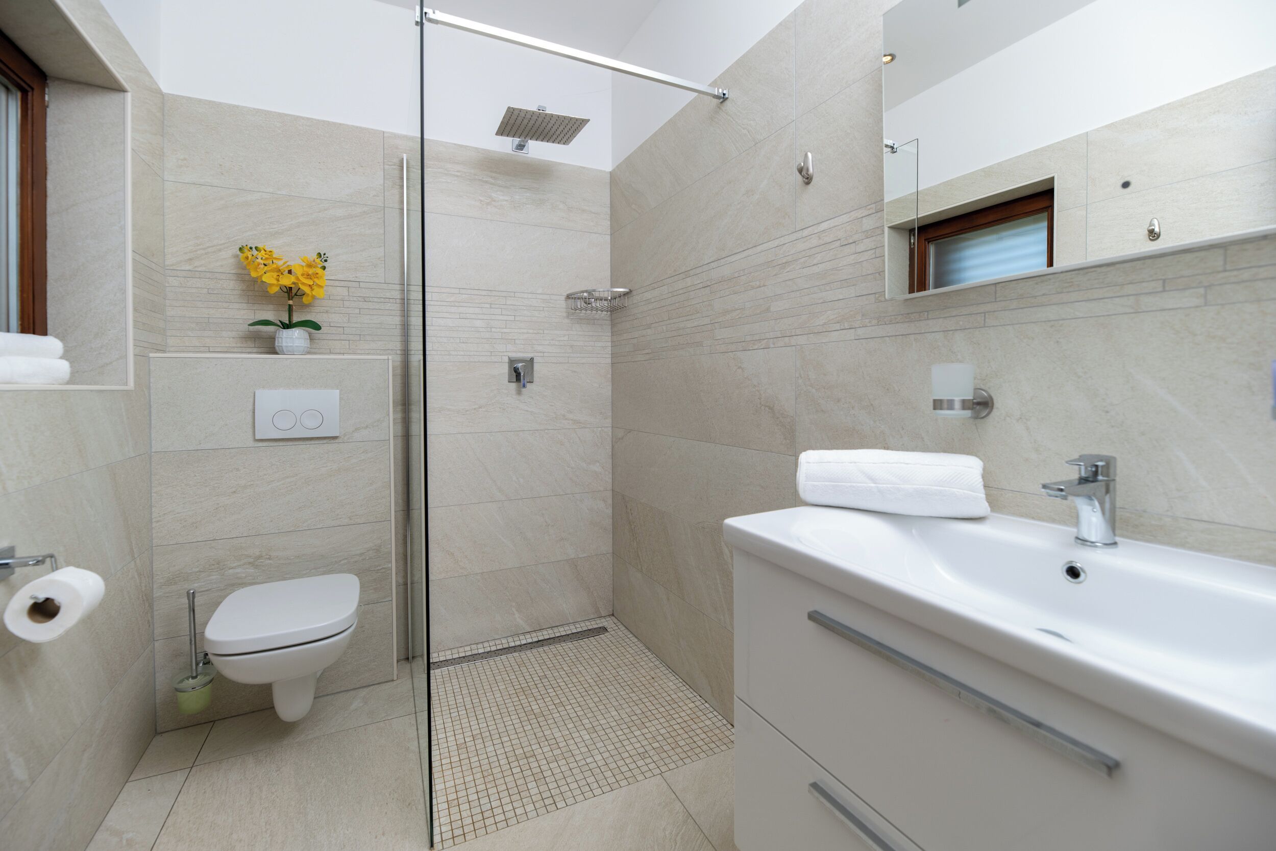 A modern bathroom with a glass shower enclosure, a toilet, a sink, and a mirror.