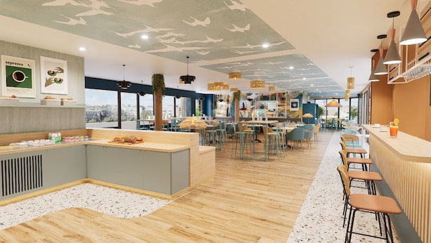 A modern restaurant with a central bar area, seating arrangements, and a ceiling with a leaf pattern.