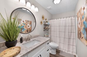 Hair dryer, towels, toilet paper