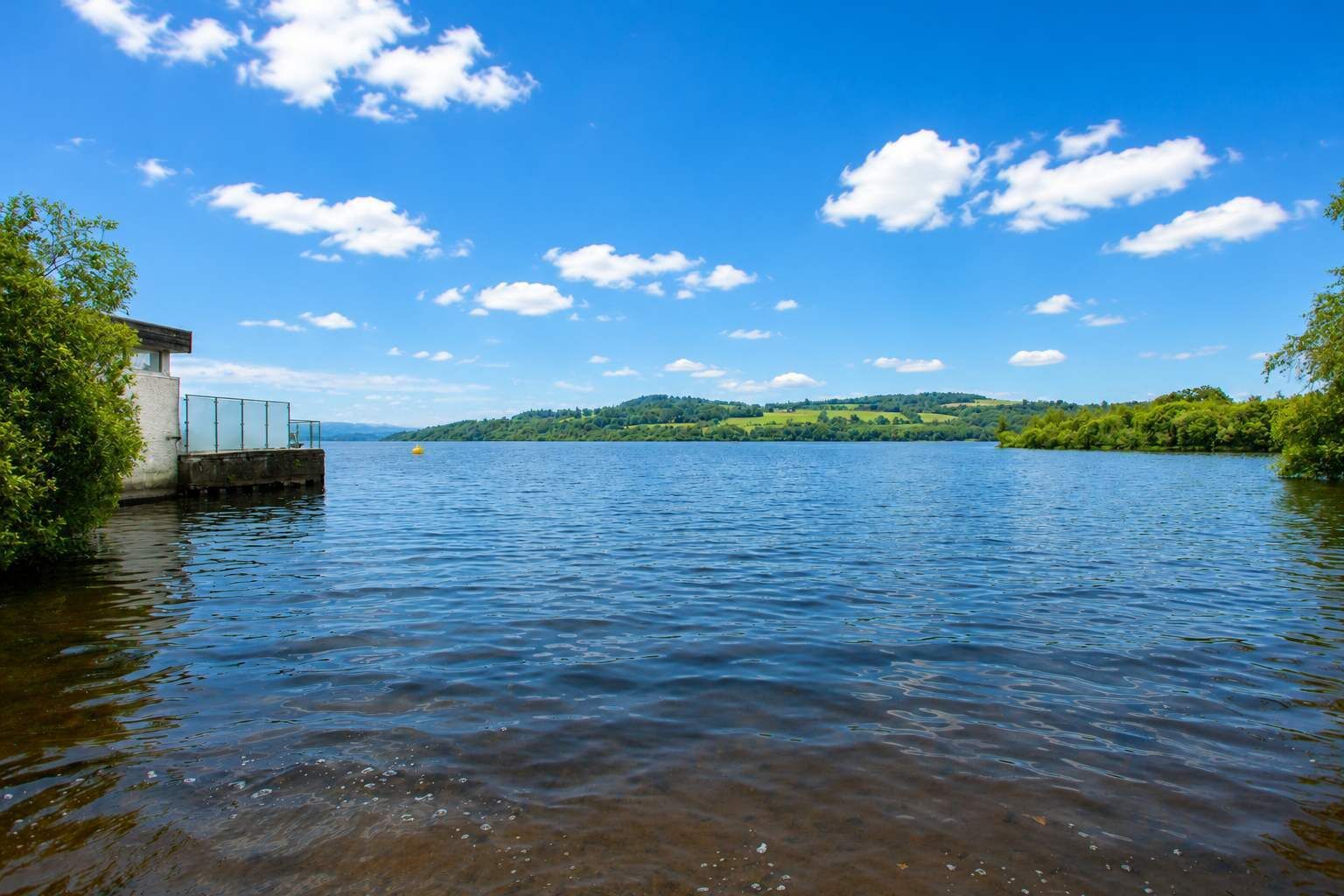 A calm river with a bridge, greenery, and a clear sky.
