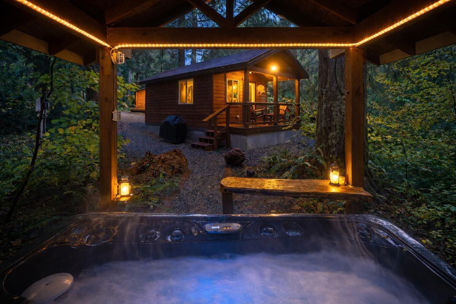 Cozy outdoor hot tub retreat surrounded by tranquil forest