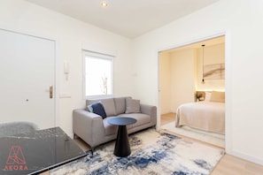 A modern living room with a grey sofa, a black coffee table, and a blue and white rug. - An architect-style one-bedroom in Salesas, Chueca's most elegant corner, with pocket doors that close off a grand backlit bedroom and a calm, minimalist design. (MADRID)