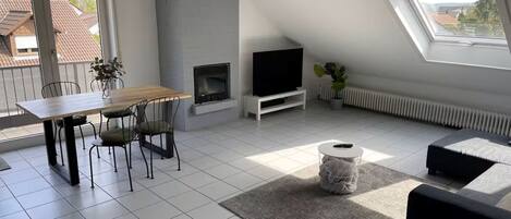 Smart TV, fireplace, books