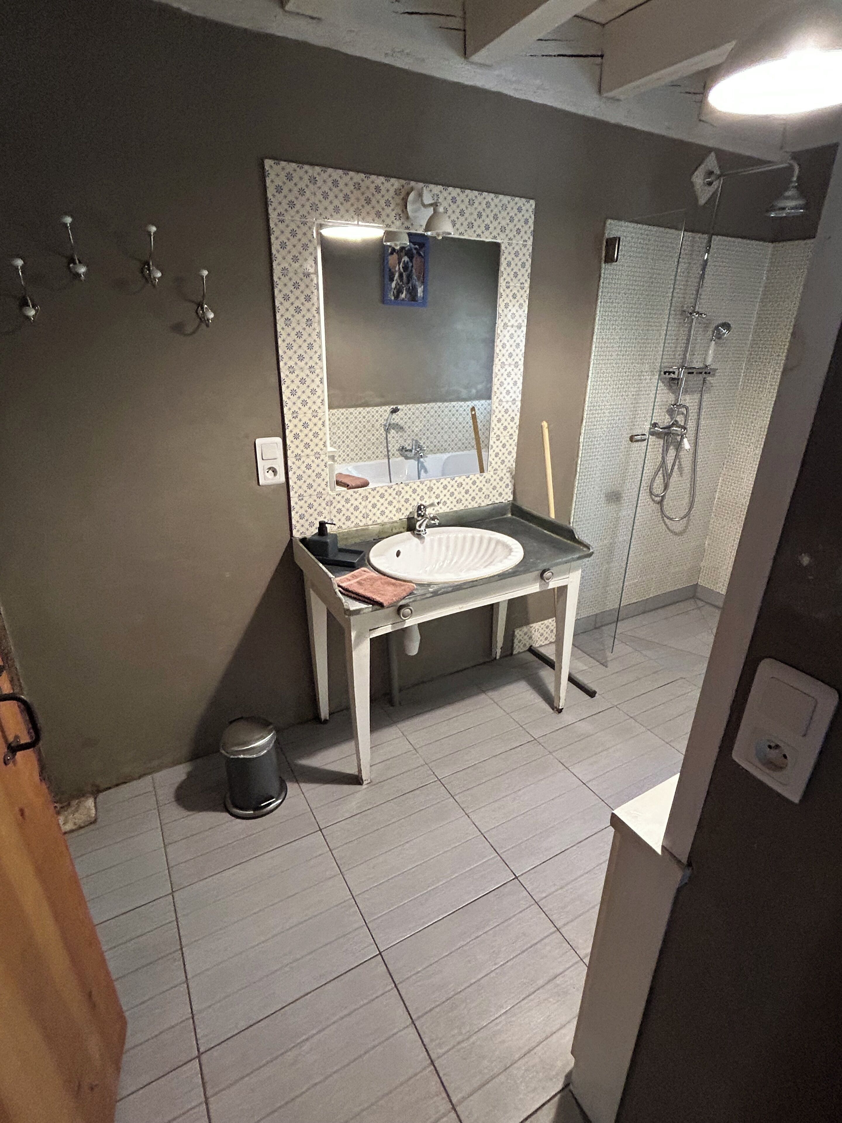 A bathroom with a white sink, mirror, and shower. There are hooks on the wall and a trash can.