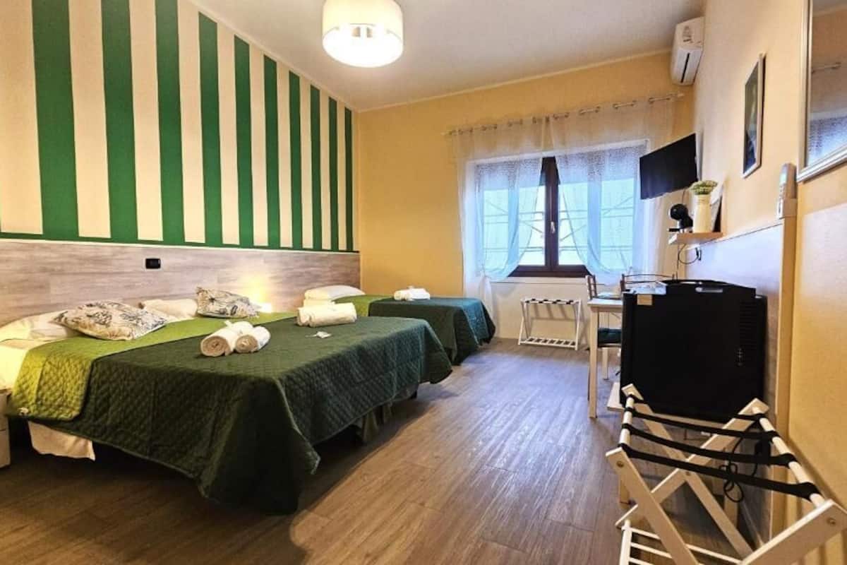 Habitació d'hotel amb dos llits, un televisor, un estenedor i una finestra amb cortines.