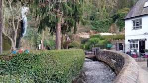 A stone bridge over a flowing stream, surrounded by lush greenery and a pub named "Tea Room & Cafe". - Bronafon (Rhyl)