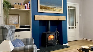 A living room with a blue wall, a fireplace, a sofa, a bookshelf, and a framed picture. - Bronafon (Rhyl)