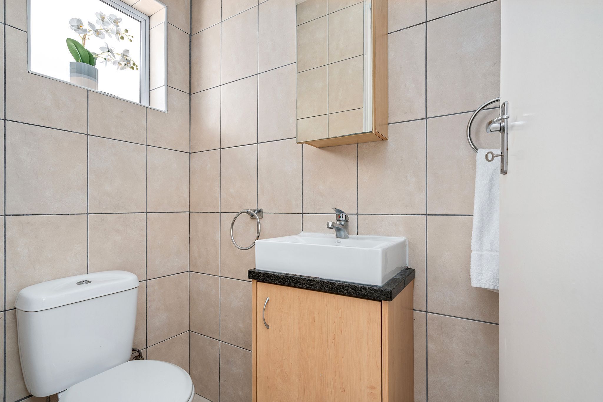A bathroom with a toilet, sink, and mirror.