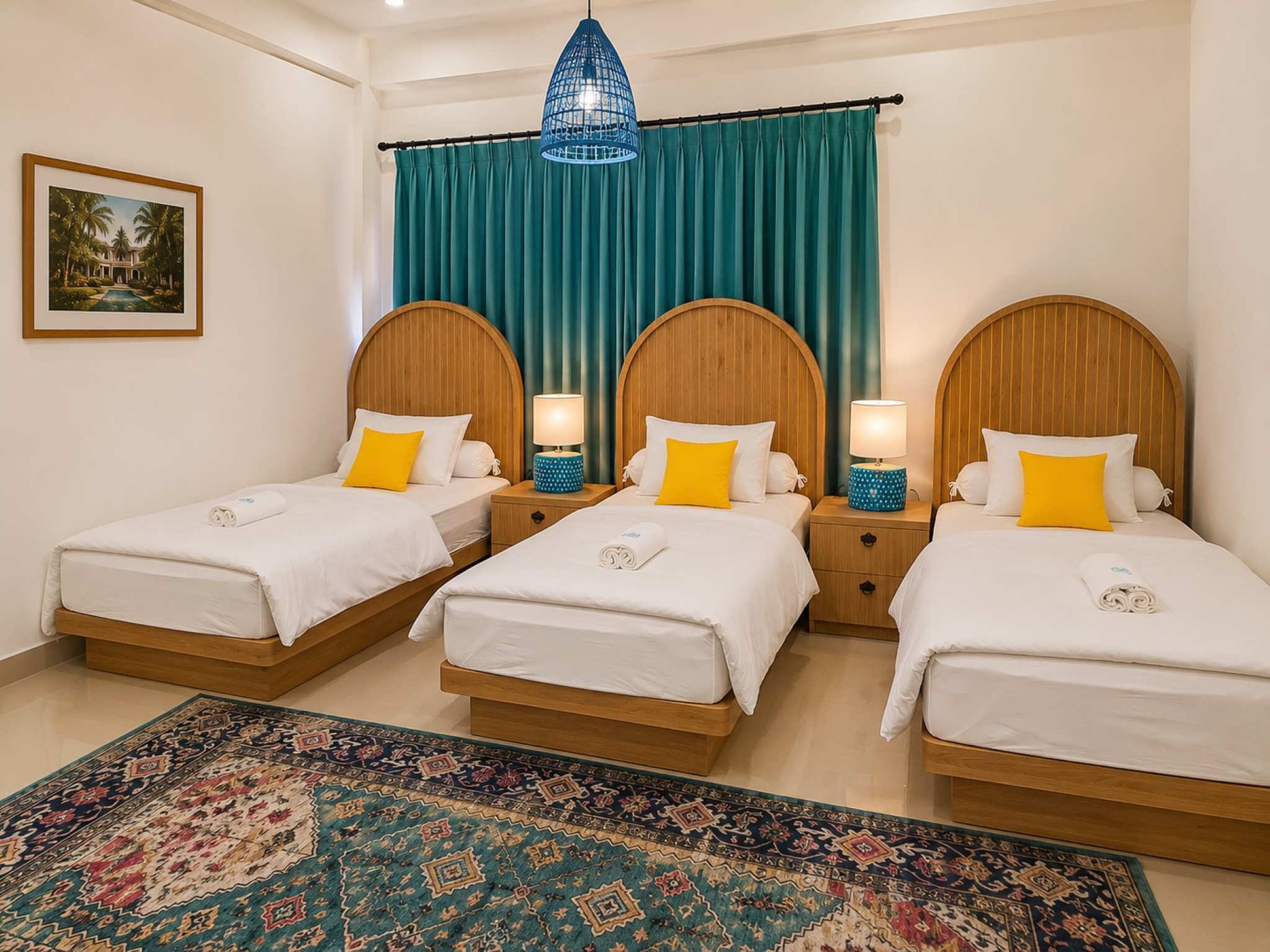 Quarto de hotel com três camas de solteiro, uma janela grande com cortinas azul-turquesa, uma luminária pendente azul e um tapete estampado.
