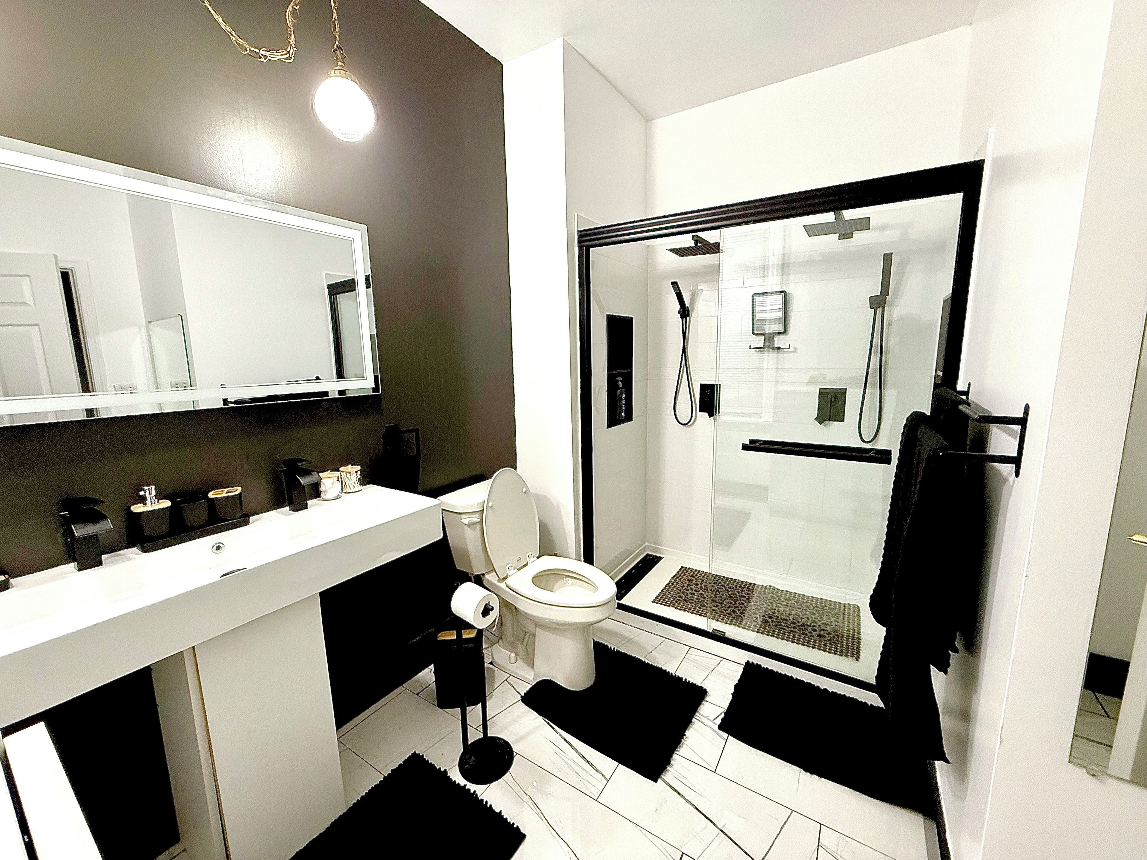 Hair dryer, towels, soap, shampoo