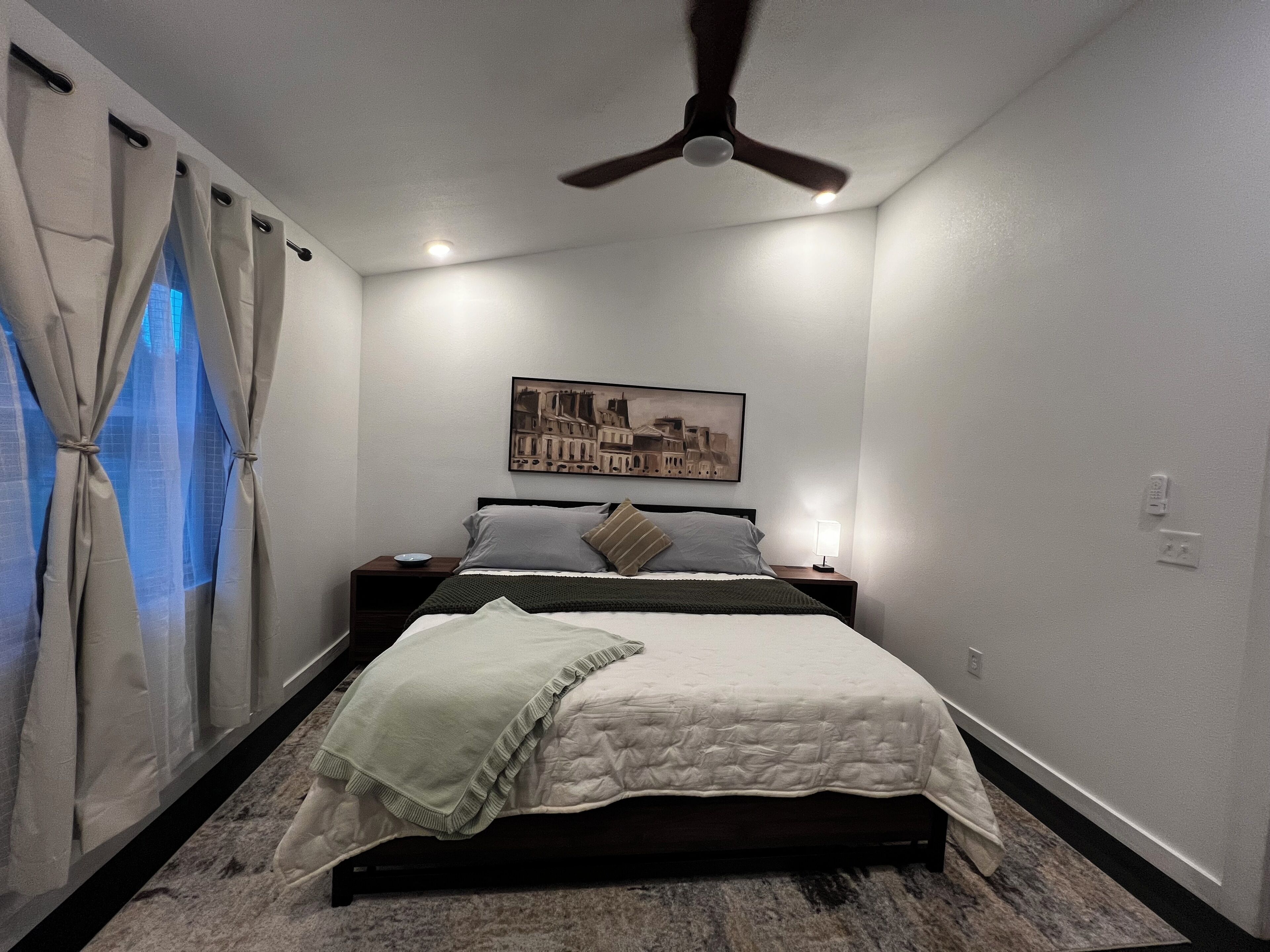 A bedroom with a bed, a ceiling fan, a nightstand, a lamp, and a wall-mounted painting.