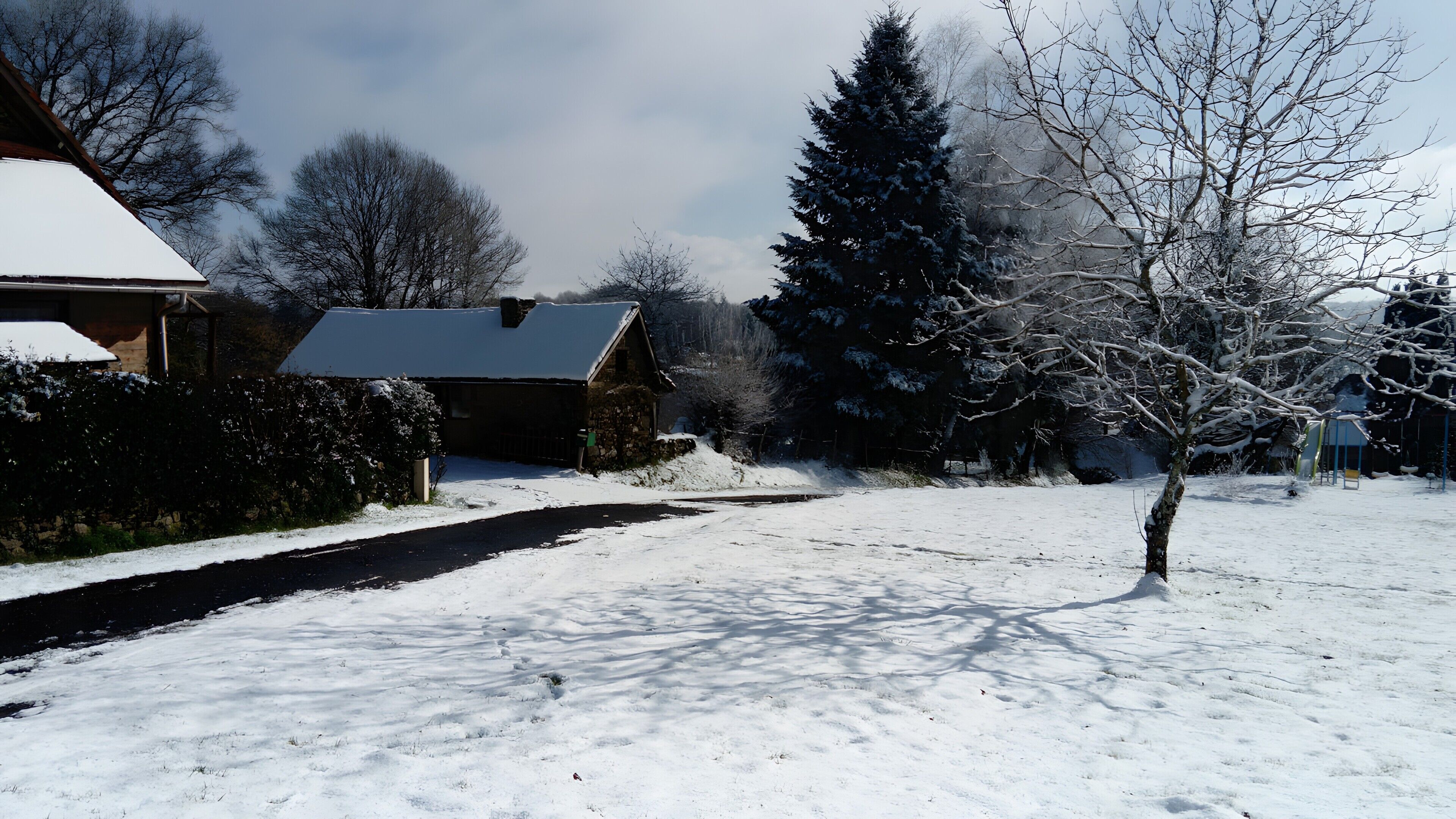 A snow-covered rural road with a stone house and a large evergreen tree.