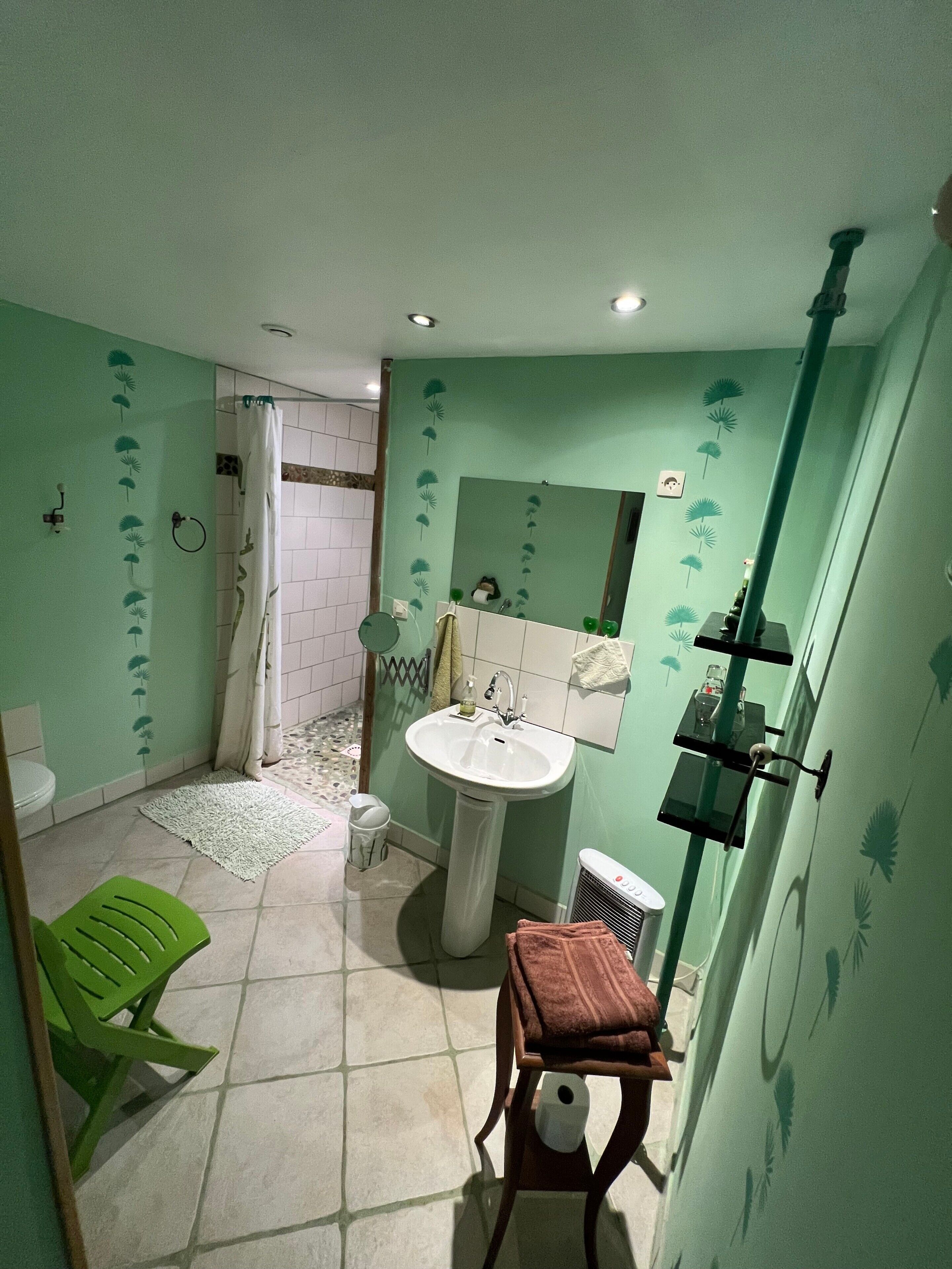 Une salle de bain avec un lavabo, un miroir et des murs verts.