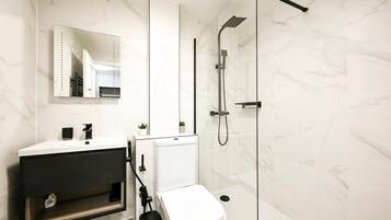 Shower, hair dryer, towels