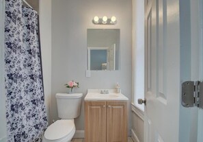 A bathroom with a toilet, a sink with a mirror above it, and a shower curtain. - Charm & modern updates 3-bedroom house with Landry inside (Baltimore)