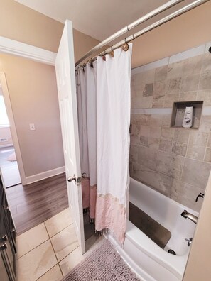 Hair dryer, towels, soap, toilet paper