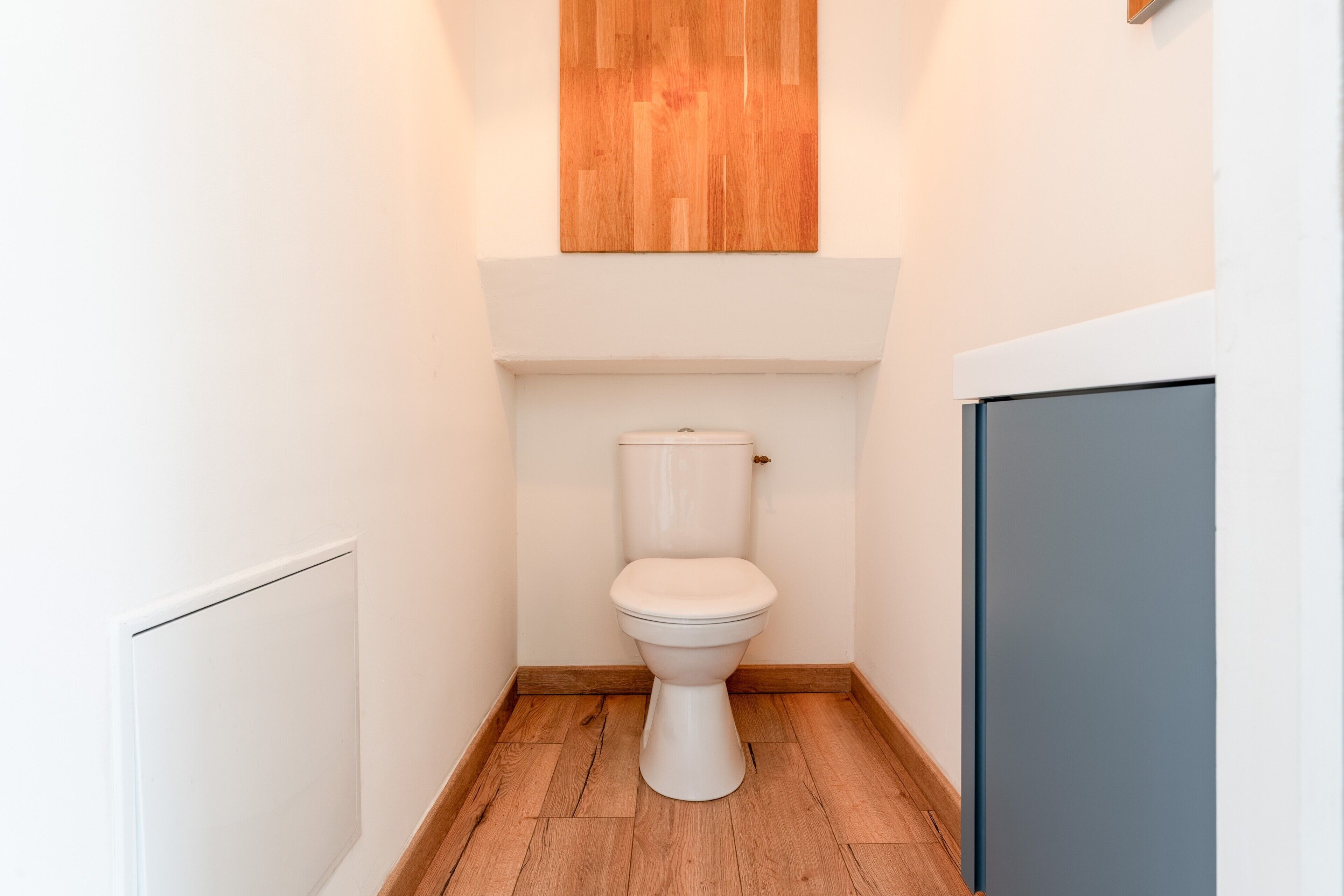 A small, modern bathroom with a white toilet, wooden flooring, and a grey cabinet.
