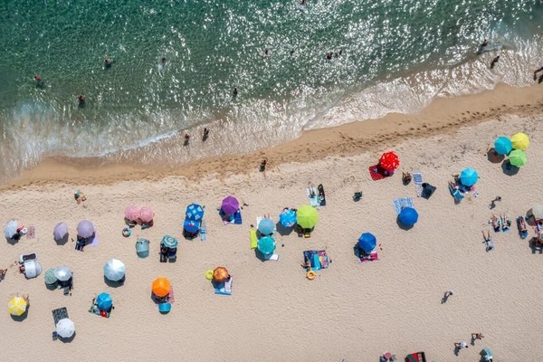 Aerial View of the Sandy Beach in Sarti with Crystal-Clear Waters
