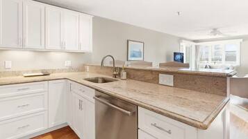 A modern kitchen with white cabinetry, a stainless steel dishwasher, and a granite countertop.