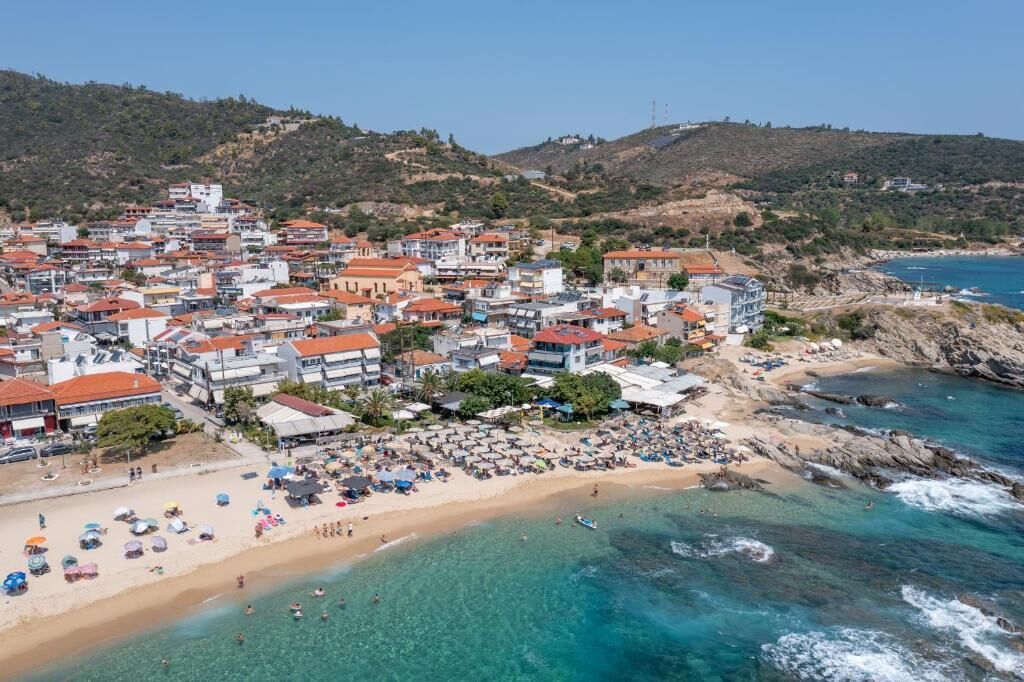 Aerial View of Sarti Beach and Seaside Promenade