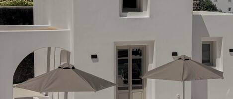 Seasonal outdoor pool, pool umbrellas, pool loungers