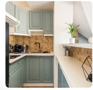 Fridge, microwave, stovetop, coffee/tea maker - Appartement cosy Rive Ouest, Lac d'Annecy. Petit cocon, accepte les 4 pattes. (Saint-Jorioz)