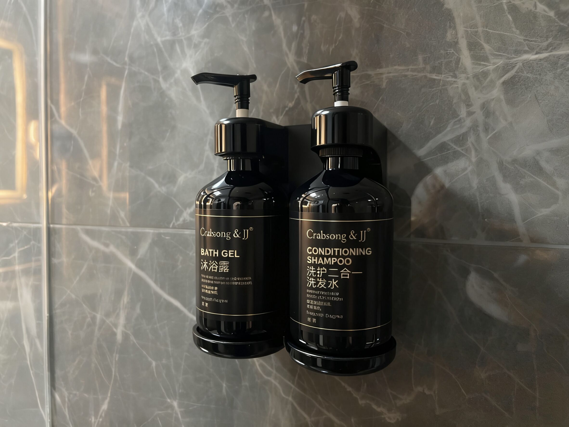 Kaksi mustaa Crabsong & JJ -tuotesarjan pulloa, joista toinen sisältää kylpygeeliä ja toinen hoitavaa shampoota, ovat marmoripinnalla.