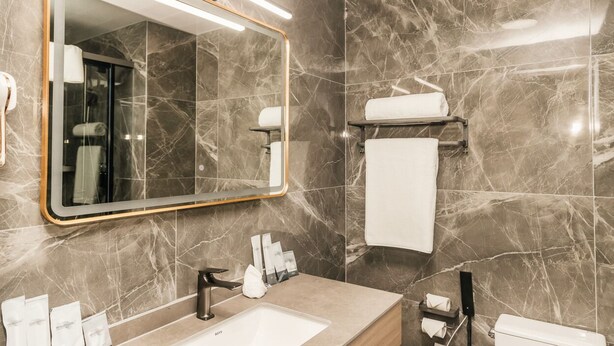Un bagno moderno con parete in marmo, uno specchio grande, un lavabo e un water.