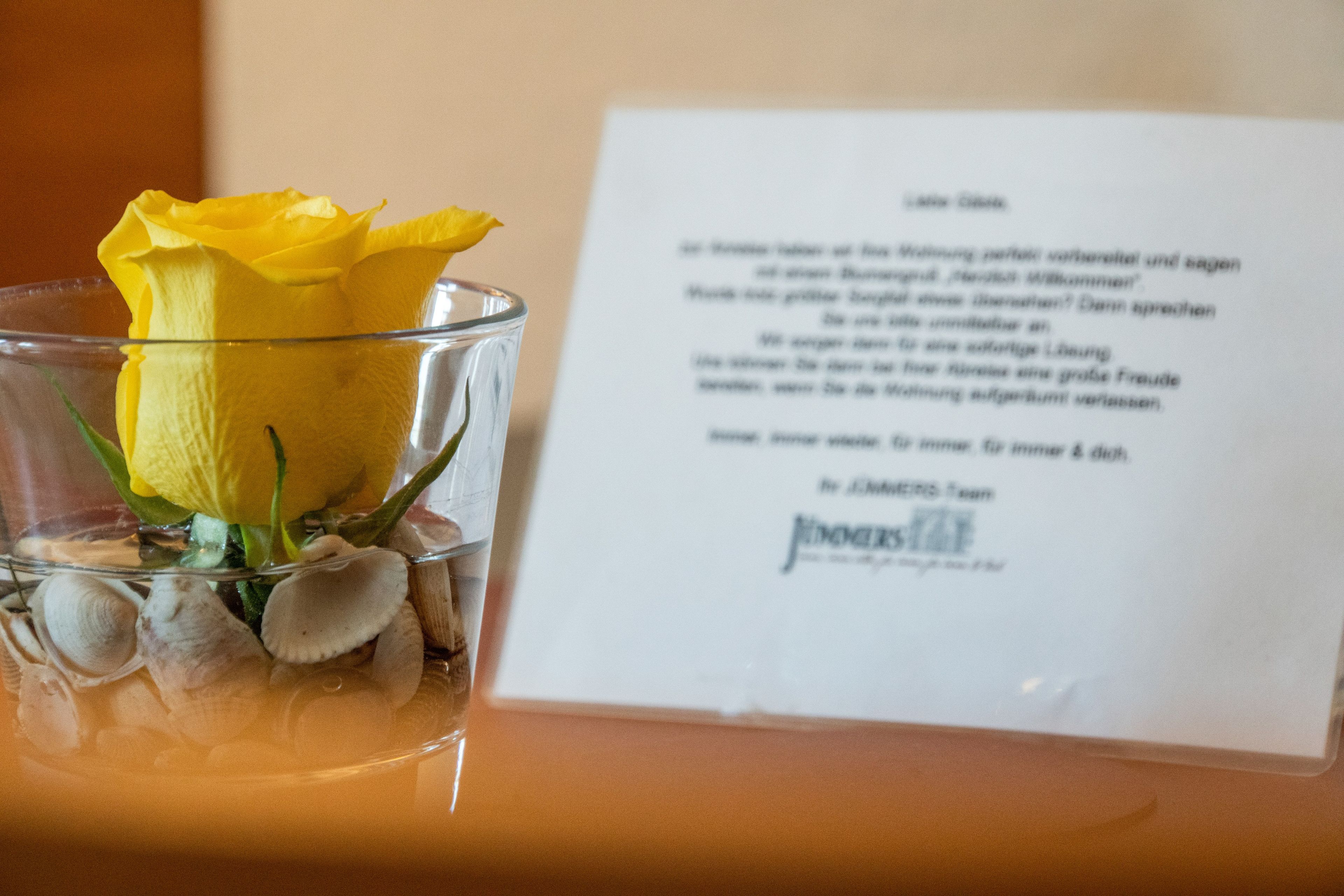 Un jarrón de vidrio con una rosa amarilla y una tarjeta con texto.