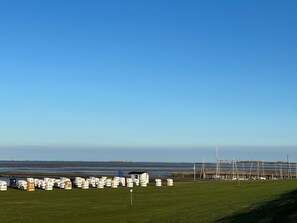 Eine Rasenfläche mit nummerierten Briefkästen und Blick auf das Meer sowie entfernte Gebäude.