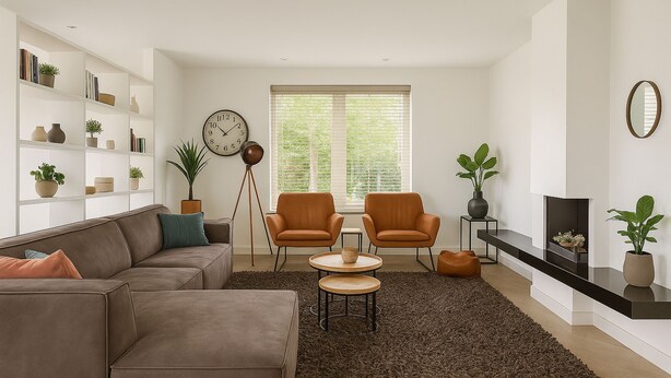 A modern living room with a sectional sofa, two armchairs, a coffee table, a bookshelf, and a fireplace. - 14p Riverfront Villa With Jacuzzi Dock Gameroom (Vuren)