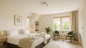 A hotel room with two beds, a small table, two chairs, a window with curtains, and a plant. - 14p Riverfront Villa With Jacuzzi Dock Gameroom (Vuren)