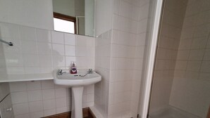A bathroom with a white sink, a mirror, and a shower. - The Albert Hotel (Gloucester)