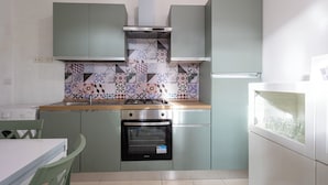 Uma cozinha compacta com fogão a gás, forno e painel de azulejos.