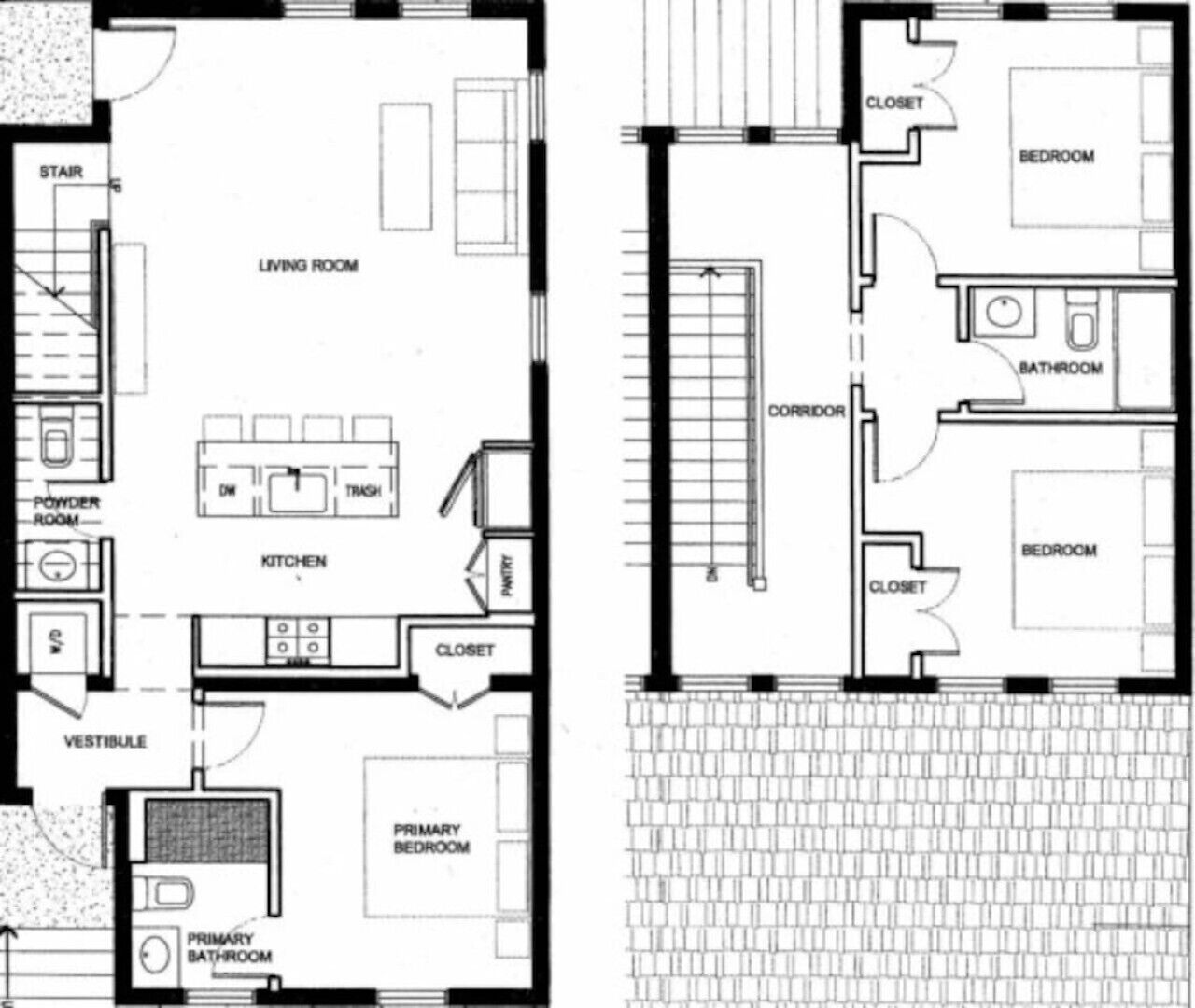 A floor plan of a hotel room with a living room, kitchen, primary bedroom, and primary bathroom.