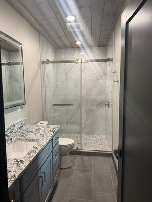 Shower, hair dryer, towels, soap