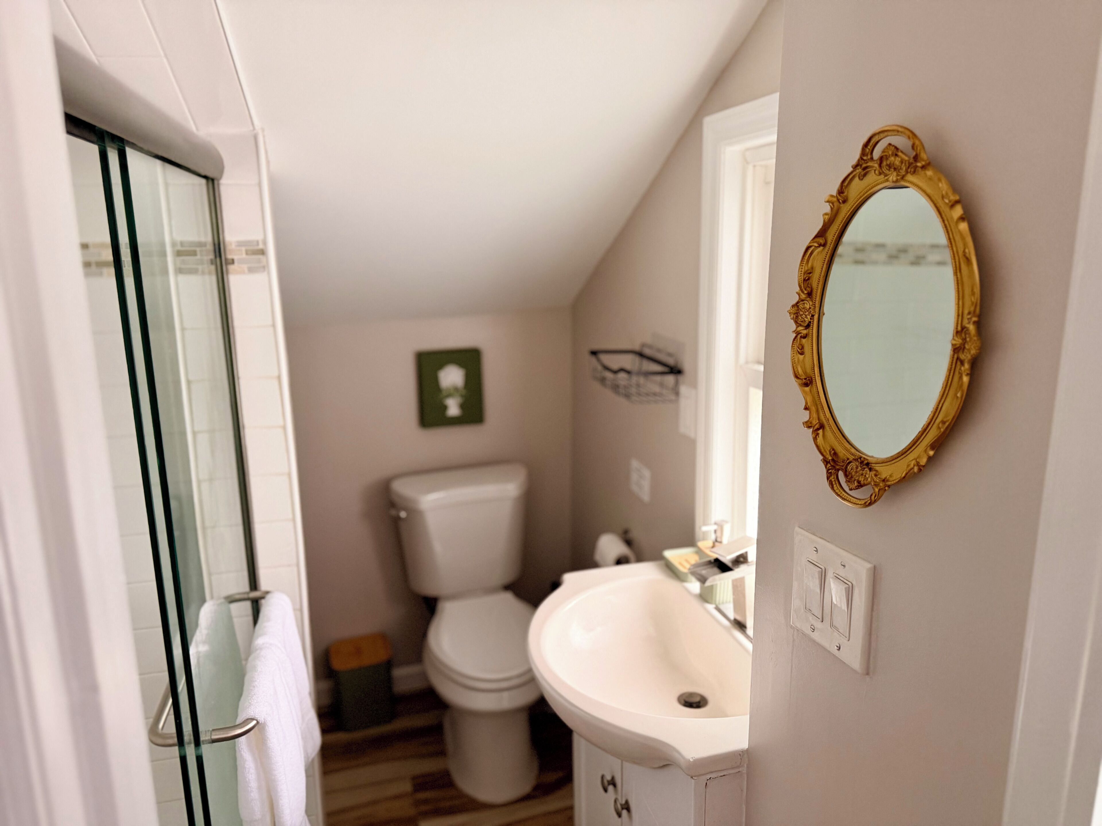 Ein Badezimmer mit Duschkabine aus Glas, Toilette, Waschbecken und einem Spiegel mit aufwendiger Rahmung.