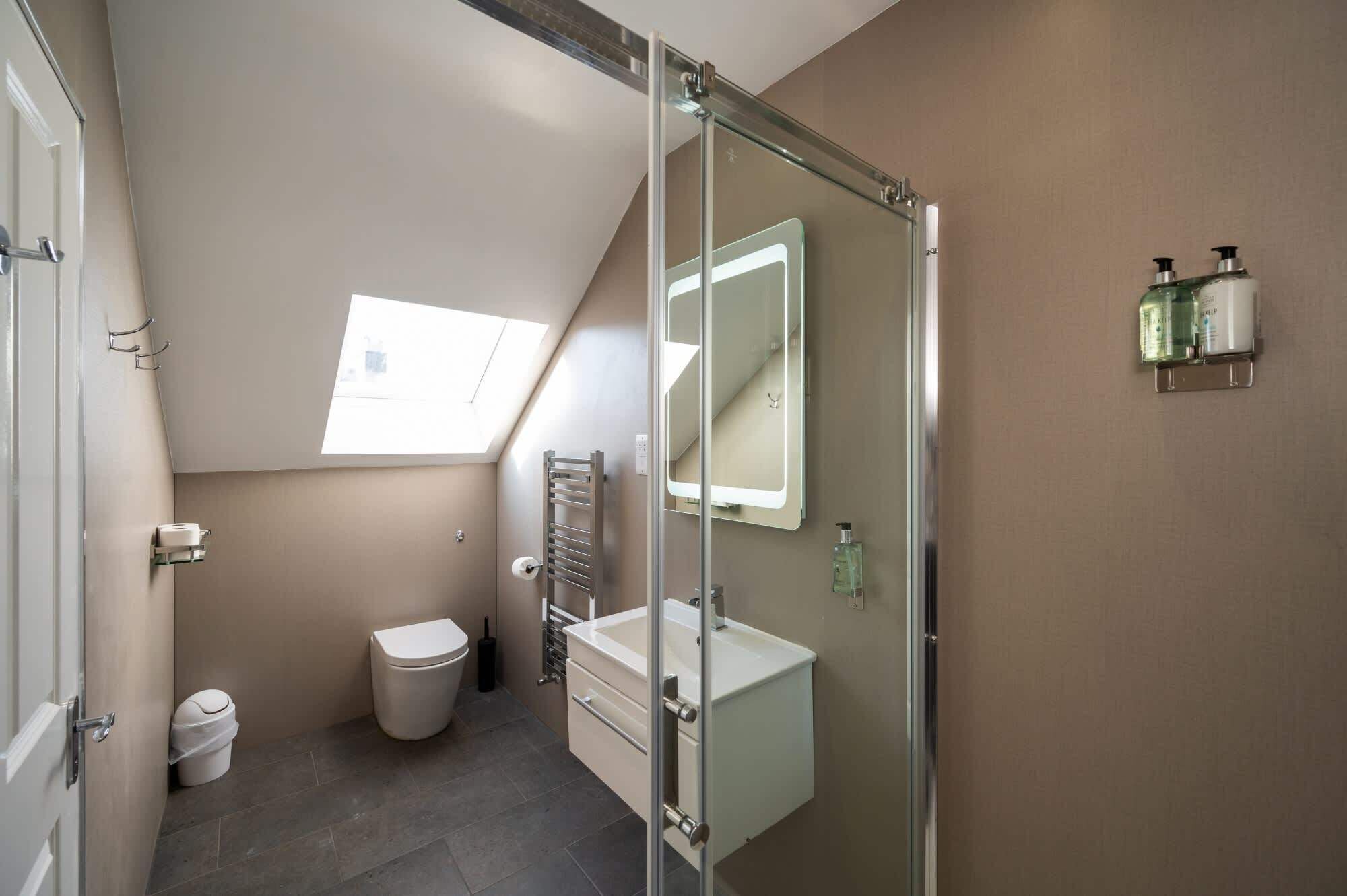 A modern bathroom with a glass shower enclosure, a white toilet, and a vanity with a mirror.