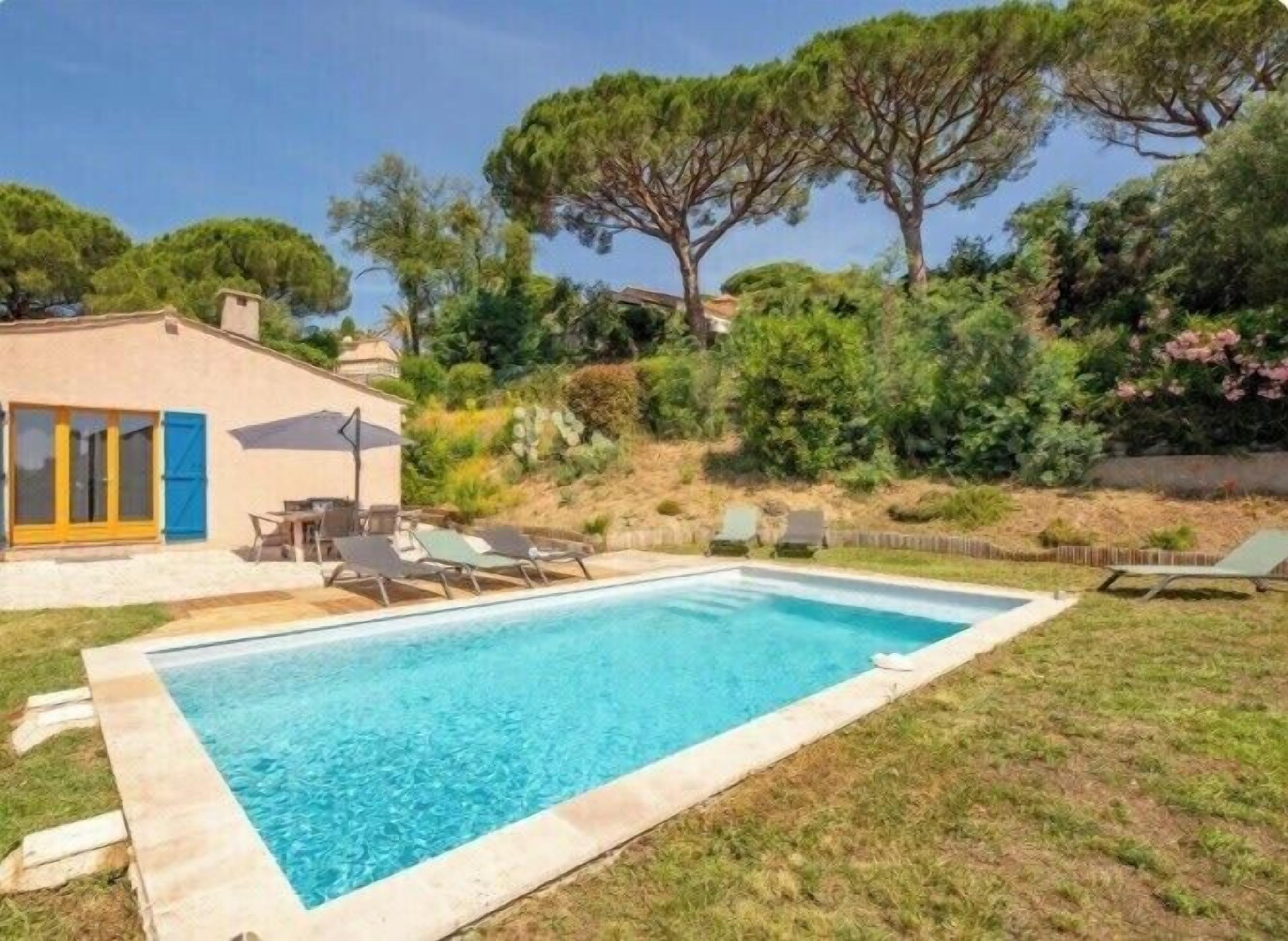 A rectangular swimming pool with a clear blue water surface, surrounded by a grassy area.